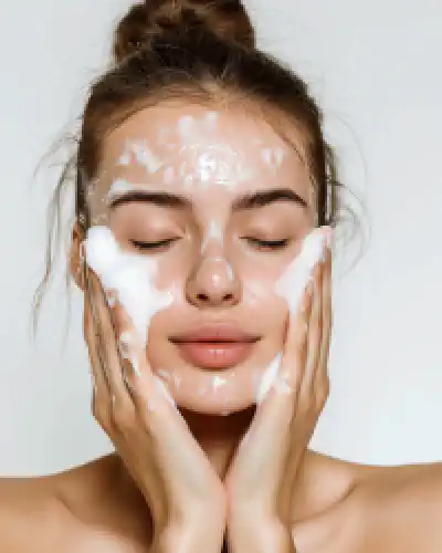 Woman washing face with bubbly soap.