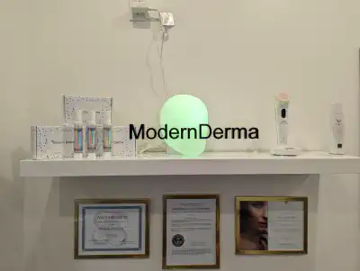 Display of Modern Derma facial products.