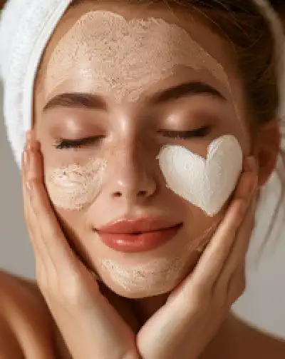 happy woman with heart shaped facial cream